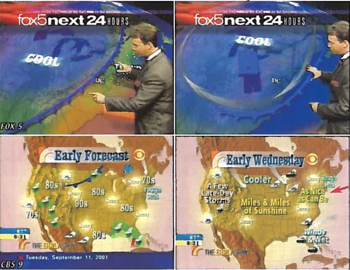 Morning weather report map showing Hurricane Erin completely erased from national broadcast during 08:31-08:36 AM window